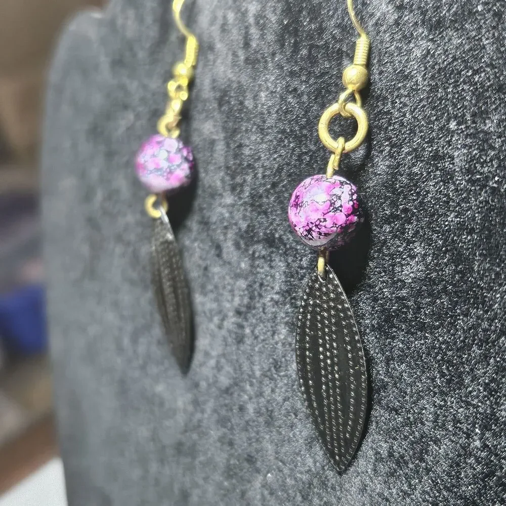 Gold Tone Purple Bead Black Metal Dangling Earrings